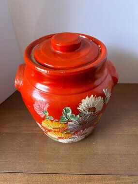 Vintage 1930’s Ransburg Pottery Red/Burnt Orange Hand Painted Cookie Jar Large